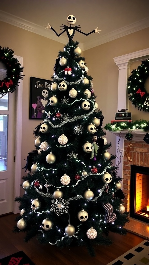 Jack Skellington Christmas Tree Decoration Guide A Jack Skellington themed Christmas tree with black and white lights and ornaments, set in a festive room.